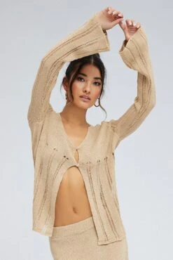 Beige Cardigan Long Sleeve V Neck Button Ladder Knitted -Women Clothing Shop kn0192x 40cb stone 3