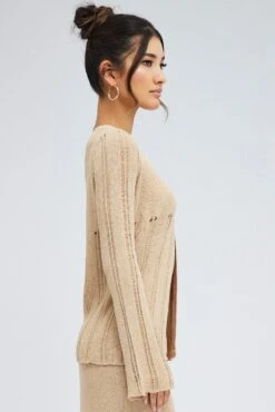 Beige Cardigan Long Sleeve V Neck Button Ladder Knitted -Women Clothing Shop kn0192x 40cb stone 4
