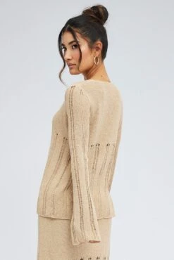 Beige Cardigan Long Sleeve V Neck Button Ladder Knitted -Women Clothing Shop kn0192x 40cb stone 5