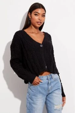 Black Oversized Cable Knit Cardigan -Women Clothing Shop kn1347 41jb black 3