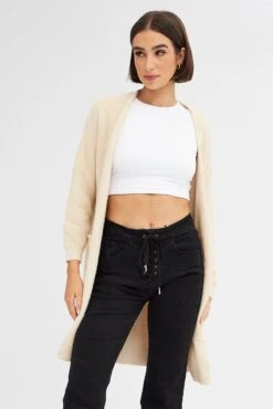 Beige Knit Cardigan Long Sleeve Longline -Women Clothing Shop kn1402 41jb beige 3