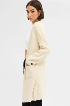 Beige Knit Cardigan Long Sleeve Longline -Women Clothing Shop kn1402 41jb beige 4