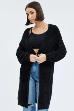 Black Longline Cardigan Fluffy -Women Clothing Shop kn1402a 41pb black 3