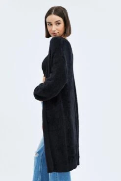 Black Longline Cardigan Fluffy -Women Clothing Shop kn1402a 41pb black 4