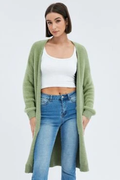 Green Longline Cardigan Fluffy -Women Clothing Shop kn1402a 41pb khaki 3