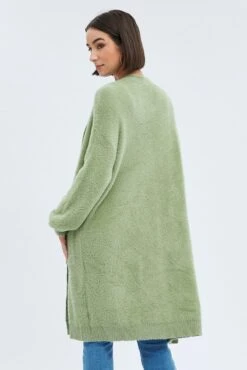 Green Longline Cardigan Fluffy -Women Clothing Shop kn1402a 41pb khaki 5
