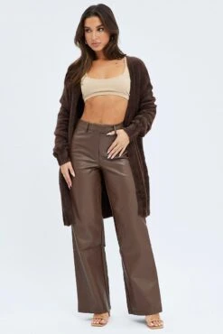 Brown Fluffy Longline Cardigan -Women Clothing Shop kn1427 45j chocolate 3