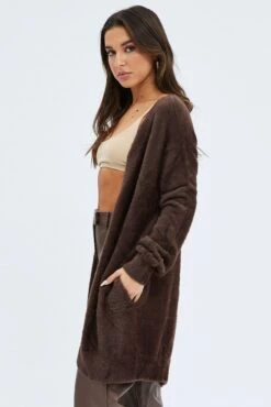 Brown Fluffy Longline Cardigan -Women Clothing Shop kn1427 45j chocolate 4