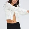 White Round Neck Long Sleeve Crochet Knit Cardigan -Women Clothing Shop kn1563 40j white 1