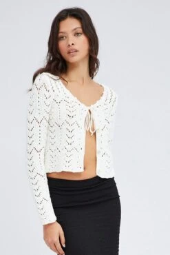 White Round Neck Long Sleeve Crochet Knit Cardigan -Women Clothing Shop kn1563 40j white 3