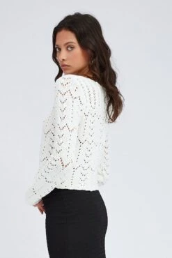 White Round Neck Long Sleeve Crochet Knit Cardigan -Women Clothing Shop kn1563 40j white 4