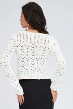 White Round Neck Long Sleeve Crochet Knit Cardigan -Women Clothing Shop kn1563 40j white 5