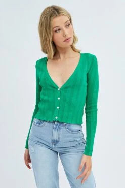 Green Long Sleeve Rib Knit Cardigan -Women Clothing Shop kn1575 40j jade 3