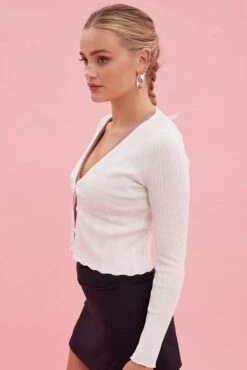 White Long Sleeve Rib Knit Cardigan -Women Clothing Shop kn1575 40jb white 4