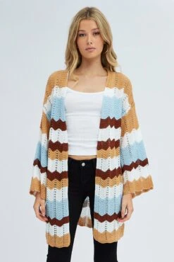 Stripe Knit Cardigan Long Sleeve Longline