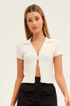 White Collar Knit Crop Cardigan Short Sleeve -Women Clothing Shop kn1594a 40jb white 3