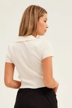 White Collar Knit Crop Cardigan Short Sleeve -Women Clothing Shop kn1594a 40jb white 5