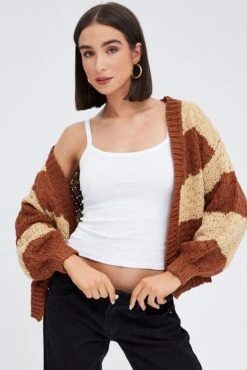 Beige Stripe Oversized Crop Cardigan 10 Beige Stripe Oversized Crop Cardigan -Women Clothing Shop kn1595 41jb stripe 3