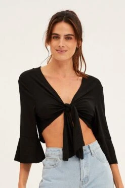 Black Crop Cardigan Tie Up -Women Clothing Shop kn1679 81jb black 3