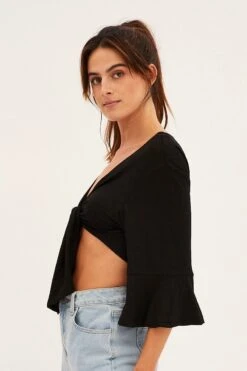 Black Crop Cardigan Tie Up -Women Clothing Shop kn1679 81jb black 4