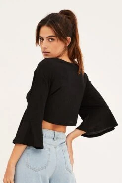 Black Crop Cardigan Tie Up -Women Clothing Shop kn1679 81jb black 5