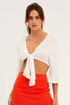 White Crop Cardigan Tie Up -Women Clothing Shop kn1679 81jb white 3