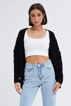 Black Longline Cable Knit Cardigan -Women Clothing Shop kn1725 41jb black 3