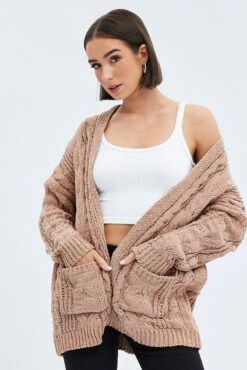 Camel Longline Cable Knit Cardigan