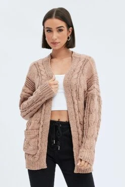 Camel Longline Cable Knit Cardigan -Women Clothing Shop kn1725a 41jb camel 3
