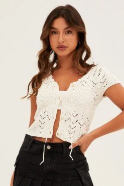 White Knit Cardigan Short Sleeve -Women Clothing Shop kn1766 40jb white 3