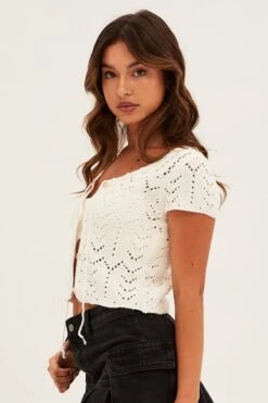 White Knit Cardigan Short Sleeve -Women Clothing Shop kn1766 40jb white 4