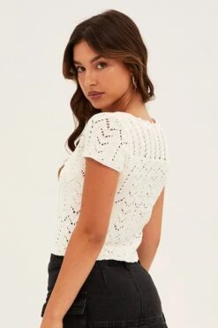 White Knit Cardigan Short Sleeve -Women Clothing Shop kn1766 40jb white 5