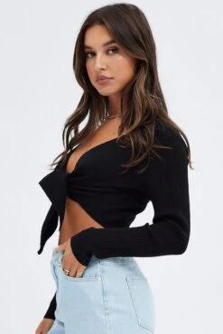 Black Collar Detail Cardigan -Women Clothing Shop kn1801 40j black 4