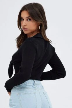 Black Collar Detail Cardigan -Women Clothing Shop kn1801 40j black 5