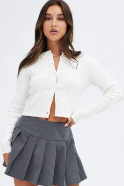 White Cardigan Long Sleeve Crew Neck -Women Clothing Shop kn1936 12jb white 3