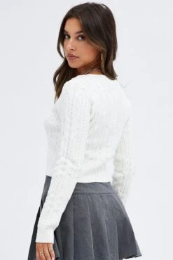 White Cardigan Long Sleeve Crew Neck -Women Clothing Shop kn1936 12jb white 5