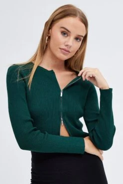 Green Knit Cardigan Zip Up