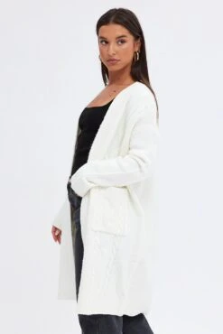 White Longline Cable Knit Cardigan -Women Clothing Shop kn2004 45jb white 4