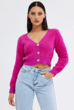 Pink Fluffy Cardigan -Women Clothing Shop kn2018 41jb hot pink 3