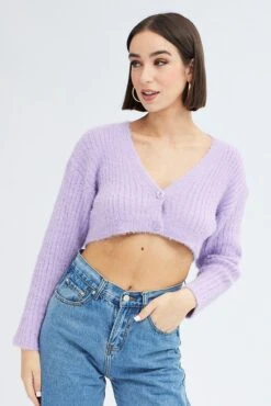 Purple Crop Knit Cardigan V Neck -Women Clothing Shop kn2051 41jb lavender 3
