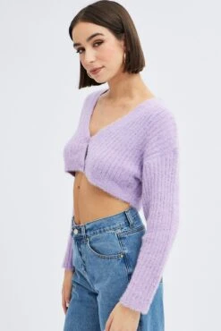 Purple Crop Knit Cardigan V Neck -Women Clothing Shop kn2051 41jb lavender 4