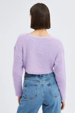 Purple Crop Knit Cardigan V Neck -Women Clothing Shop kn2051 41jb lavender 5