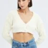 White Crop Knit Cardigan V Neck -Women Clothing Shop kn2051 41jb white 1