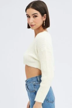 White Crop Knit Cardigan V Neck -Women Clothing Shop kn2051 41jb white 4