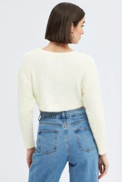 White Crop Knit Cardigan V Neck -Women Clothing Shop kn2051 41jb white 5