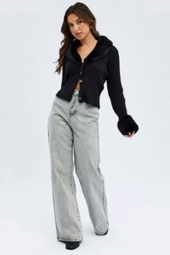 Black Knit Cardigan Fur Trim -Women Clothing Shop kn2066 41jb black 2