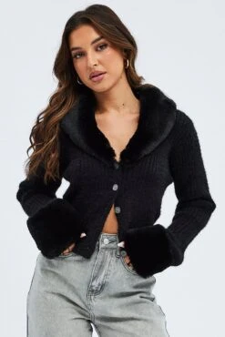 Black Knit Cardigan Fur Trim -Women Clothing Shop kn2066 41jb black 3