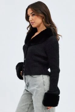 Black Knit Cardigan Fur Trim -Women Clothing Shop kn2066 41jb black 4