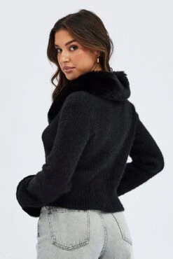 Black Knit Cardigan Fur Trim -Women Clothing Shop kn2066 41jb black 5