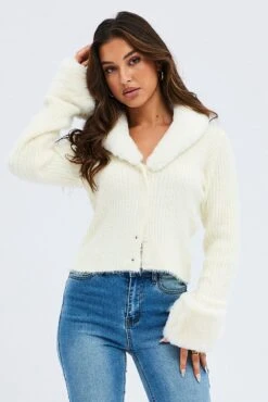 White Knit Cardigan Fur Trim 10 White Knit Cardigan Fur Trim -Women Clothing Shop kn2066 41jb cream 3